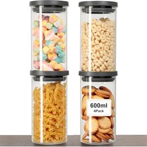 VINATO 4 Pezzi Barattoli Vetro Con Coperchio per Cucina - Set Ermetico in Borosilicato, Contenitori Cucina, BPA-Free, 600ml per Frutta Secca e Spezie