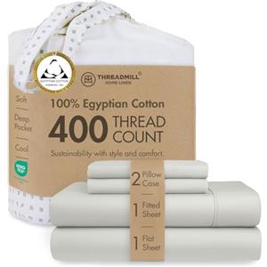 Threadmill Home Linen Set di biancheria da letto in 100% cotone egiziano certificato a 400 fili, per letto matrimoniale, 4 pezzi, in rasatello grigio chiaro, con tasca profonda elasticizzata