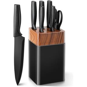 VINATO Set Coltelli da Cucina con Ceppo, 7 Pezzi Ceppo Coltelli Cucina Nero | Set Coltelli da Cucina, 5 Coltelli Più Forbici, Acciaio Inox Antiaderente, Ceppo in PP Igienico, Impugnatura Ergonomica