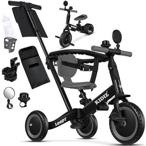 KIDIZ® 6in1 Balance Bike - Triciclo, Triciclo per Bambini, da 1 a 5 anni, capacità di carico fino a 25 kg, incl. Manubrio/Barra di sicurezza/Cintura di sicurezza/Campana e Specchio, Schwarz/Anthrazit