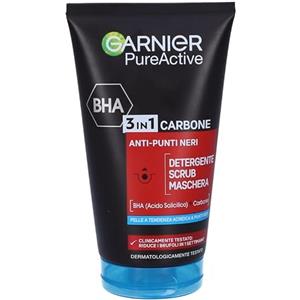 Garnier Maschera Punti Neri, Detergente e Scrub Viso Pure Active Intense 3in1 con Carbone Vegetale, 150 ml