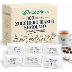 ecodrinks Zucchero Bustine Monodose 4 g - 300 Bustine Zucchero Bianco per Caffè e Tè | Porzioni Singole da 4 g, Ideali per Caffè, Tè e Tisane, Adatte a Bar, Ristoranti, Hotel, Uffici e Casa, Confezioni Monouso