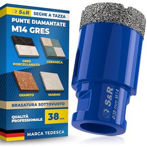S&R Punta Diamantata per Gres 38mm. Foretto Diamantato 38mm - M14 per Smerigliatrice. Sega a Tazza Diamantata 38 mm per Gres Porcellanato, Piastrelle, Ceramica, Marmo, Granito, Pietra.