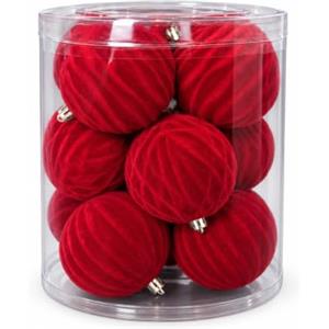 Avilia Set 12 Palline di Natale Vellutate 8 cm in 3 Trame, Rosso | Palle di Natale opache per albero, ghirlande e centrotavola, sfere natalizie effetto velluto in tubo trasparente