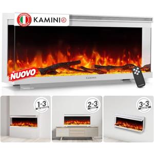 KAMINIO® Lea PRO 42 Camino elettrico da incasso, parete o appoggio | 3 in 1 caminetto elettrico decorativo, vista panoramica, termocamino con effetto fuoco LED in 12 colori e telecomando, bianco