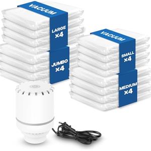 Vacbird Sacchetti sottovuoto per abiti con pompa elettrica inclusa, confezione da 16 pezzi (4 Jumbo, 4 grandi, 4 medi, 4 piccoli), per coperte, materassi, cuscini, biancheria da letto, viaggi e traslochi