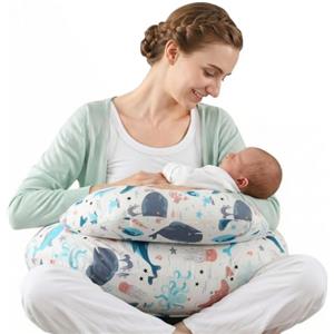SHANNA Cuscino Allattamento - Multifunzionale Cuscino per Allattamento Forma Ergonomica, Rivestimento in 100% Cotone, Fodera Removibile, Cuscino Maternità per Allattamento Lavabile (Animali Marini)