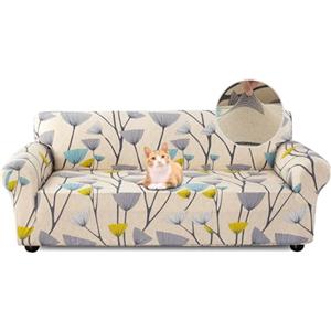 Jaotto Copridivano 4 Posti Elasticizzato, Fodera per Divano Elasticizzato Fantasia Antiscivolo Antimacchia, Copridivano con Braccioli Tessuto Super Morbido Universale(Foglie Beige,4 Posti)
