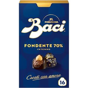 Perugina BACI PERUGINA Fondente 70% Cioccolatini Fondenti 200g | Cioccolatini fondenti 70% ripieni al gianduia con semi di cacao caramellati e nocciola intera. Scatola 16 cioccolatini 200g