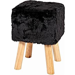 HAKU Sgabello imbottito quadrato, sgabello con imbottitura, sgabello con rivestimento tessile nero effetto pelliccia e gambe in legno massello L 30 × A 45 × P 30 cm Portata: 90 kg Stile: glamour