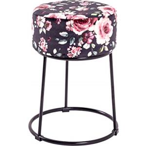 HAKU sgabello imbottito rotondo, seduta in MDF con rivestimento in velluto blu motivo rosa nera, struttura in metallo nera, A 46 cm, Ø seduta 30 cm, Ø base 34 cm, portata 90 kg, stile Art Déco