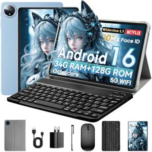 MENTUME Tablet 10 Pollici, Tablet Android 16 con Cover, Mouse & Tastiera, Octa-Core, 34 GB RAM + 128 GB ROM+ 1 TB TF, Display IPS HD 1280x800, Fotocamera Doppia, 7000 mAh, WiFi 6, Widevine L1, GPS (Blu)