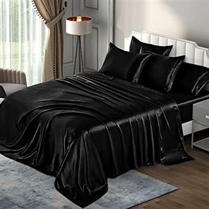 P Pothuiny - Set di biancheria da letto in raso nero setoso, 6 pezzi, 1 lenzuolo con angoli profondi, 1 lenzuolo piano, 4 federe