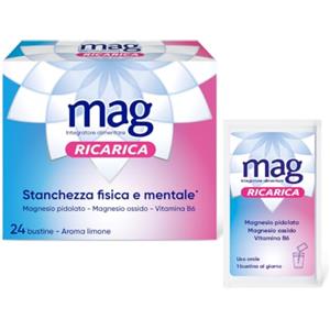 Mag Ricarica Integratore Magnesio Vitamina B6 per Stanchezza, 24 Bustine | Integratore con Magnesio Pidolato e Ossido, Per Stanchezza Fisica e Mentale, Senza Glutine e Lattosio, Aroma Limone