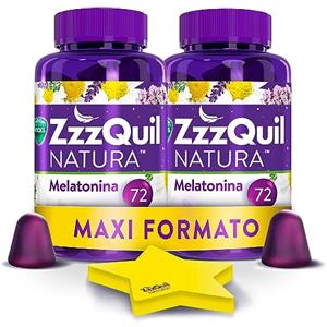 ZzzQuil Natura, INTEGRATORE con MELATONINA PURA ed Estratti Di Valeriana Per DORMIRE, Camomilla e Lavanda, MAXI FORMATO FRUTTI DI BOSCO 2x72 Pastiglie Gommose, GIFT PACK con FOGLIETTI ADESIVI