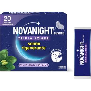Novanight Tripla Azione, Melatonina per Dormire, 20 Bustine | Per Disturbi del Sonno, Con Magnesio, Melatonina e Griffonia, Senza Glutine, Non Induce Dipendenza, Gusto Camomilla e Agrumi