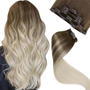 LaaVoo Extension Capelli Veri Clip, Balayage Marrone Chiaro con Biondo Chiaro, Remy Umani Naturali, Leggeri e Invisibili, per Uso Quotidiano, 30cm 80g 5pcs Colore BA8-59