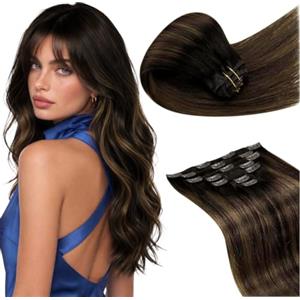 LaaVoo Extension Capelli Veri Clip 120g 7pcs, Balayage Castano Scuro a Marrone Chiaro e Biondo, Remy Umani Naturali, Volume Extra, per Serate Eleganti, 35cm Colore 2-8-2