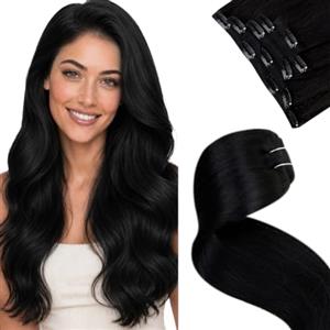 LaaVoo Extension Capelli Veri Clip 40 cm Nero Naturale Extension con Clip Remy Umani Liscio Extension Clip Capelli Veri Fascia Unica 5pcs 80g #1