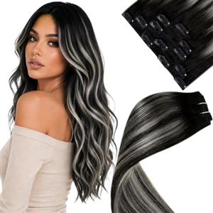 LaaVoo Extension Capelli Veri Clip 35cm Nero con Silver Naturaleo Extension con Clip Remy Naturali Liscio Extension Clip Capelli Umani Lisci Invisibile 80g 5pcs #1b/s/1b
