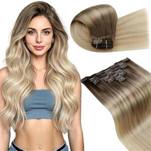 LaaVoo Extension Capelli Veri Clip 120g 7pcs, Balayage Marrone Chiaro a Biondo Platino e Biondo Sporco, Remy Umani Naturali, Volume Extra, per Serate Eleganti, 35cm Colore 8-60-18
