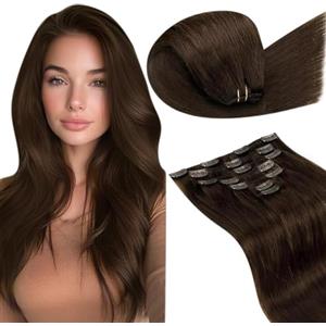 LaaVoo Extension Capelli Veri Clip 120g 7pcs, Marrone Cioccolato, Remy Umani Naturali, Volume Extra, per Serate Eleganti, 35cm Colore 4