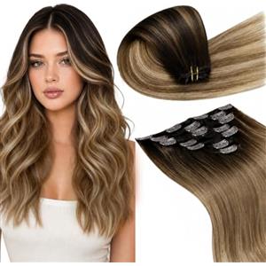 LaaVoo Extension Capelli Veri Clip 7pcs 120g Castano Scuro fino a Castano e Biondo Sporco Extension Clip Capelli Umani Lisci Invisibile 35 cm #2/6/18