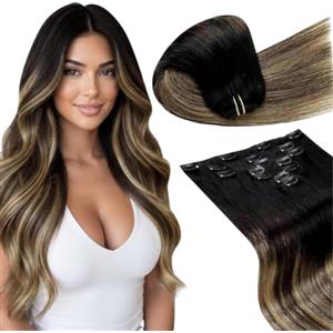 LaaVoo Extension Capelli Veri Clip 120g 7pcs, Nero Naturale a Marrone Cioccolato e Biondo Caramello Balayage, Remy Umani Naturali, Volume Extra, per Serate Eleganti, 35cm Colore 1B-4-27