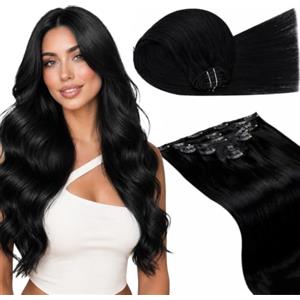 LaaVoo Extension Capelli Veri Clip 120g 7pcs, Nero Jet, Remy Umani Naturali, Volume Extra, per Serate Eleganti, 35cm Colore 1