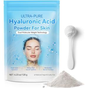 OEDPMFYL Acido Ialuronico in Polvere 120g,Polvere di Acido Ialuronico Puro con Alto e Basso Peso Molecolare,Sodium Hyaluronate per Siero Viso, Crema, Lozione,Maschere Fai da Te,Idratazione Intensa,DIY Skincare