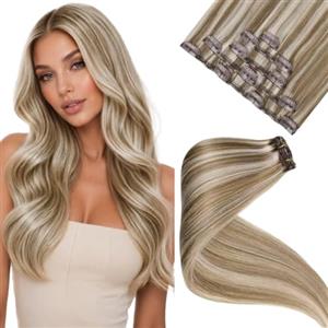 LaaVoo Extension Capelli Veri Clip Marrone Chiaro con Biondo Highlighted Extension con Clip Remy Liscio Extension Clip Capelli Umani Lisci Invisibile 35 cm 80g 5pcs #P8/60