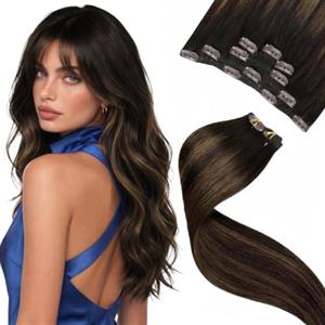 LaaVoo Extension Capelli Veri Clip, Balayage Castano Scuro a Marrone Chiaro e Biondo, Capelli Umani Remy, Morbidi e Setosi, per Sposa e Matrimonio, 35cm 80g 5pcs Colore 2-8-2