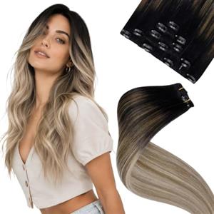 LaaVoo Extension Capelli Veri Clip Nero Naturale a Marrone Chiaro con Biondo Scuro Balayage Extension Clip Capelli Veri Lisci 5pcs 80g 35cm #1b/8/22