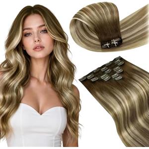 LaaVoo Extension Capelli Veri Clip, Balayage Marrone Scuro a Marrone Chiaro e Biondo, Capelli Umani Remy, Morbidi e Setosi, per Sposa e Matrimonio, 35cm 80g 5pcs Colore 3-8-24
