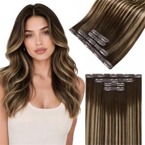 LaaVoo Extension Capelli Veri Clip PU Invisibile Senza Cucitura, Balayage Marrone Scuro e Biondo Caramello, Capelli Lisci Lunghezza e Volume, Feste Quotidiano 4 Pezzi 70g 35cm #4/27/4
