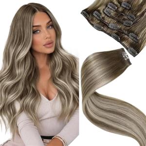 LaaVoo Extension Clip Capelli Veri, Balayage Marrone Chiaro a Biondo Platino e Marrone Chiaro, Capelli Umani Remy, Morbidi e Setosi, per Sposa e Matrimonio, 35cm 80g 5pcs Colore 8-60-8