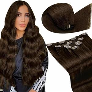 LaaVoo Extension Capelli Veri Clip, Marrone Cioccolato, Capelli Umani Remy, Morbidi e Setosi, per Sposa e Matrimonio, 35cm 80g 5pcs Colore 4