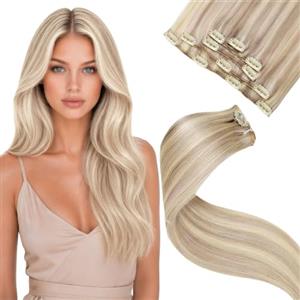 LaaVoo Extension Clip Capelli Veri, Biondo Sporco con Highlight Biondo Candido, Remy Umani Naturali, Leggeri e Invisibili, per Uso Quotidiano, 30cm 80g 5pcs Colore P18-613