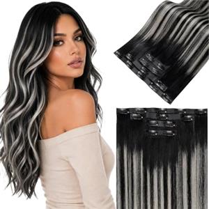 LaaVoo Extension Capelli Veri Clip PU Invisibile Senza Cucitura Balayage Nero Silver Naturale, Ultra Sottili Capelli Lisci Remy, Lunghezza Volume, Feste Quotidiano 4 Pezzi 70g 35cm #1b/s/1b