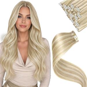 LaaVoo Extension Clip Capelli Veri, Biondo Chiaro con Riflessi Dorati, Remy Umani Naturali, Leggeri e Invisibili, per Uso Quotidiano, 30cm 80g 5pcs Colore P16-22