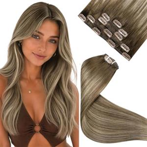 LaaVoo Extension Clip Capelli Veri, Balayage Marrone Chiaro a Biondo Chiaro e Biondo Scuro, Remy Umani Naturali, Leggeri e Invisibili, per Uso Quotidiano, 30cm 80g 5pcs Colore 8-16-8