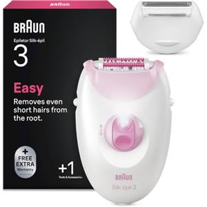Braun Silk-Épil 3 Epilatore Elettrico Donna, Accessori, 3-032 Bianco/Rosa | Rasoio Elettrico Donna con Filo, Rimozione Facile Peli, Pelle Liscia a Lungo, Include Testina Rasoio e Cappuccio Regolatore