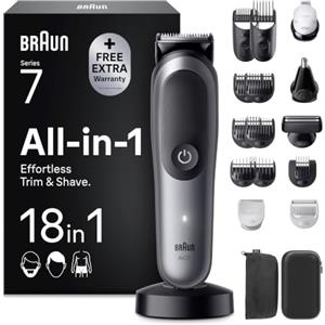 Braun Rasoio Elettrico Barba e Capelli Serie 7, Accessori AIO7585 Grigio | Rifinitore All-in-One 18in1, Lama Problade, Rasoio Elettrico Corpo Uomo, Peli Naso, Impermeabile Ricaricabile