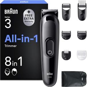 Braun Rasoio Elettrico Barba e Capelli Serie 3, Accessori, AIO3535g, Grigio | Rifinitore All-in-One 8in1, Lama Ultra Affilata, Regolabarba Uomo Ricaricabile, 14 Lunghezze, per Viso e Capelli, 50 Min. Aut
