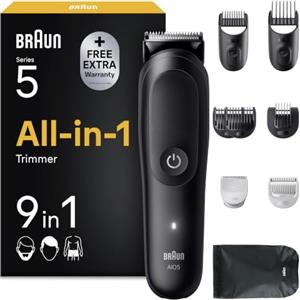 Braun Rifinitore All-in-One Serie 5 Rasoio Elettrico, AIO5535n Nero | Rasoio Elettrico Corpo Uomo Barba e Capelli 9in1, Regolabarba Impermeabile, Skinguard, Ricaricabile, 120 Min di Utilizzo
