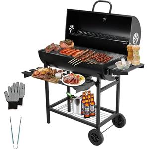 TEENO Barbecue A Carbonella,Barbecue Da Esterno Con Coperchio, Cassetto Della Cenere, Termometro, Ruote Di Trasporto,Guanti Antiscottatura,Barbecue Carbonella Con Ripiani Laterali,105.5x85x118 Cm