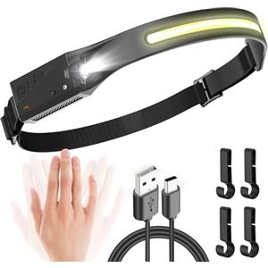 UNBON Torcia Frontale LED Ricaricabile USB C, Lampada Frontale con Sensore Movimento, Torcia da Testa 5 Modalità di Luce, 230°Angolo Ampio, Lampada da Testa Impermeabile IPX4 per Trekking Corsa Pesca