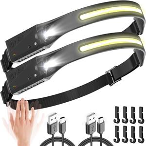 UNBON Torcia Frontale con Sensore Movimento, 2 Pezzi Lampada Frontale LED Ricaricabile USB C, 5 Modalità di Luce, 230°Angolo Ampio, Lampada Torcia da Testa Impermeabile IPX4 per Trekking Corsa Pesca