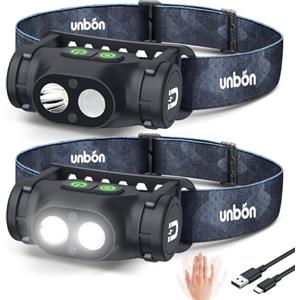 UNBON Torcia Frontale LED Ricaricabile, 2 Pezzi Lampada Frontale LED Ricaricabile USB C Potente con 3 Modalità, Sensore di Movimento e Base Magnetica, IPX4 Impermeabile Torcia da Testa, Luce da Testa