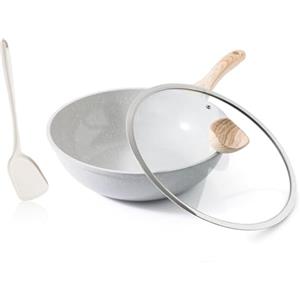 Kordisen Wok Ceramica 30 cm, Wok a Induzione con Coperchio, Rivestimento Antiaderente, Adatto a Tutti i Piani Cottura, Senza PFOA e PFAS (Grigio)